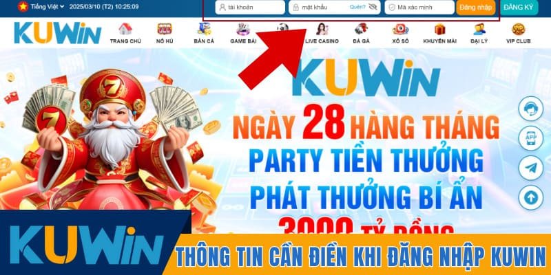 Các thông tin cần điền khi đăng nhập Kuwin